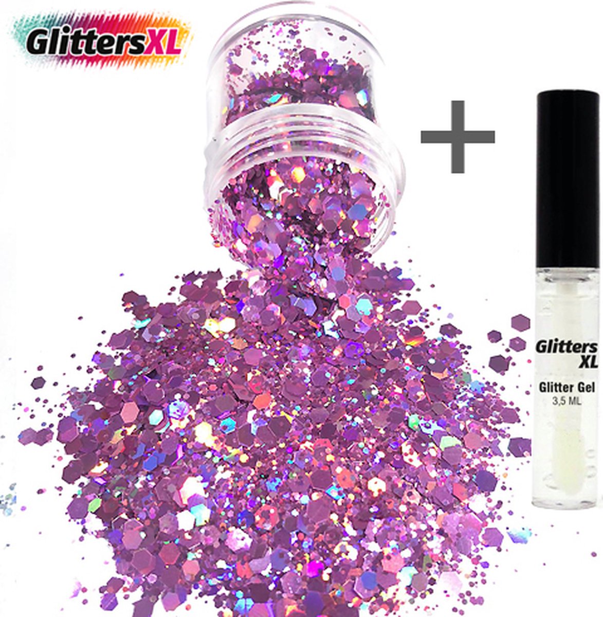 GlittersXL - Chunky Glitters (Paars) (Volume 8g) + Glitter Huid Lijm [Festival Makeup Gezicht Lichaam - Face Body Glitter - Biologisch afbreekbaar - Versiering Dames Volwassen Kinderen]